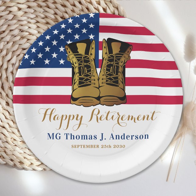 Military USA American Flag Boots Retirement Party  Paper Plates (Creator Uploaded)