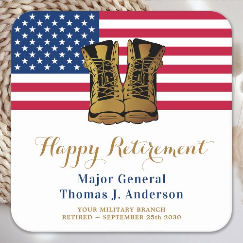 Military USA American Flag Boots Retirement Party  Square Paper Coaster