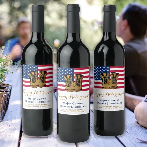 Military USA American Flag Boots Retirement Party  Wine Label