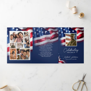 Military Veteran Celebration Of Life, USA flag Tri-Fold Program