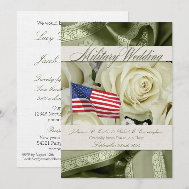 Military Wedding Invite Elegant White Roses (Front/Back)