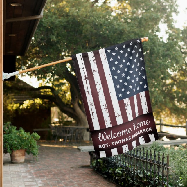 Military Welcome Home Personalized American House Flag (In SItu)