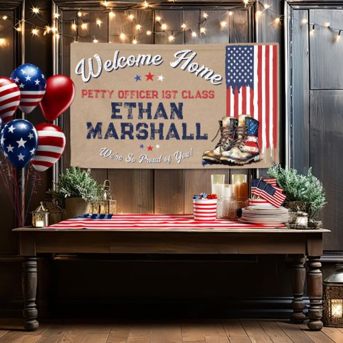 Military Welcome Home US Flag Boots Rustic Kraft Banner