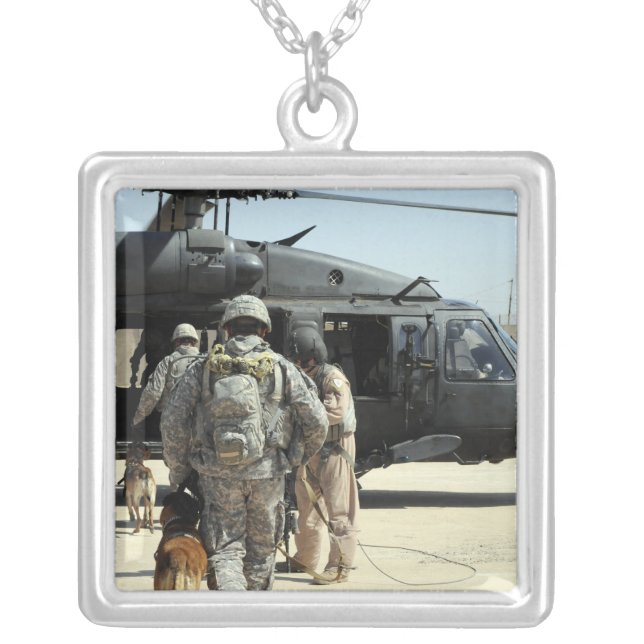 Military working dog handlers board a helicopte silver plated necklace (Front)