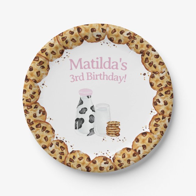 Milk and Cookie crumb Pink Birthday party table Paper Plates (Front)