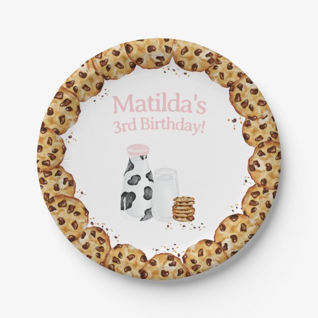 Milk and Cookie crumb Pink Birthday party table Paper Plates (Front)
