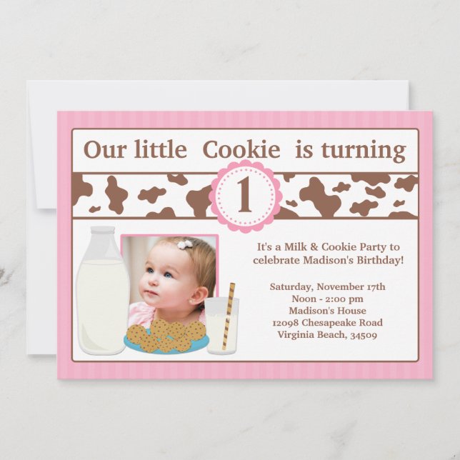Milk and Cookies Birthday Party Invitation Girl (Front)