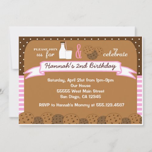 Milk and Cookies Birthday Party Invitations Girls