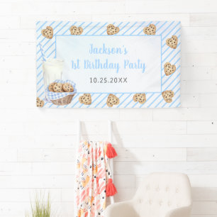 Milk and Cookies Blue 1st Birthday Party Banner