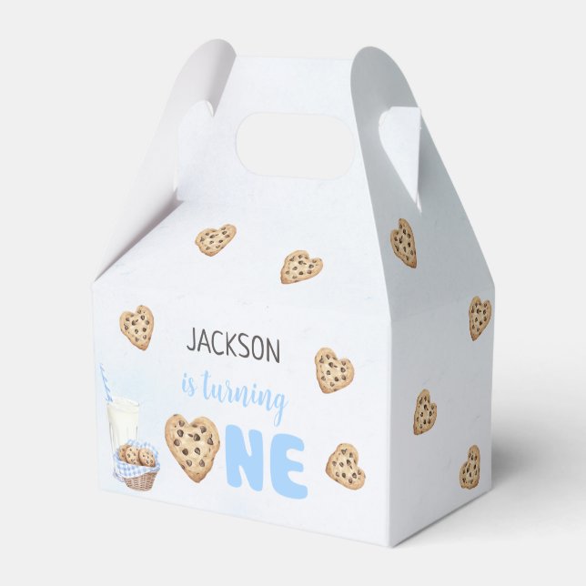 Milk and Cookies Blue 1st Birthday Party Favor Boxes (Front Side)