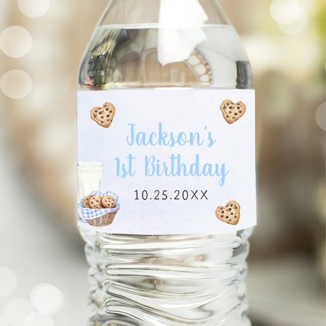 Milk and Cookies Blue 1st Birthday Party Water Bottle Label (Creator Uploaded)