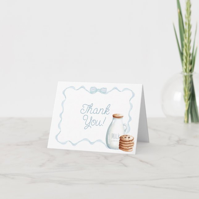 Milk and Cookies Blue Baby Shower Thank You Card (Front)