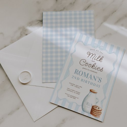 Milk and Cookies Blue Birthday Party Invitation