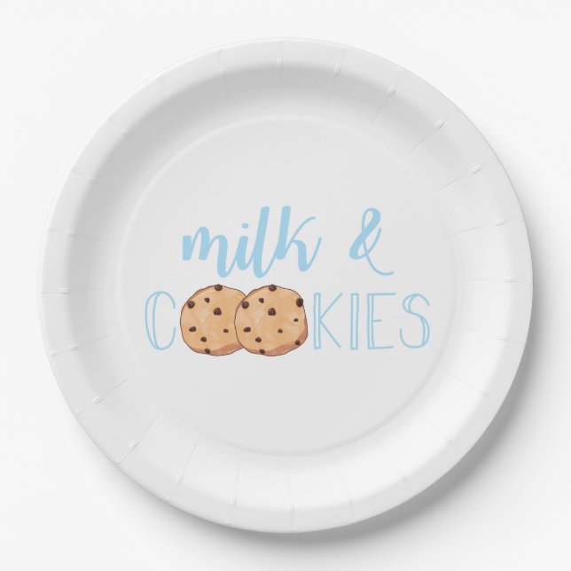 Milk and Cookies blue Birthday Party Paper Plates (Front)
