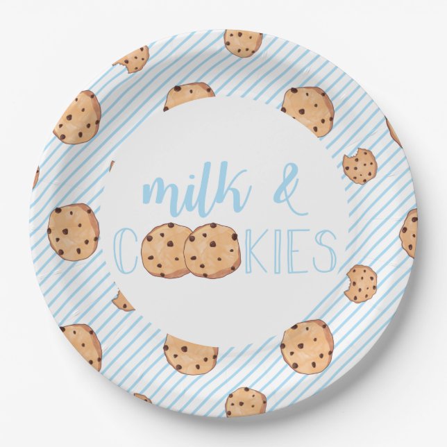 Milk and Cookies blue Birthday Party Paper Plates (Front)