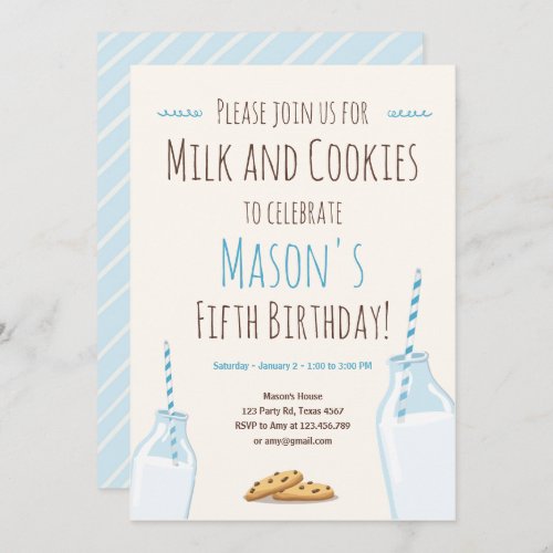 Milk and Cookies Blue Boy Birthday Party Invitation