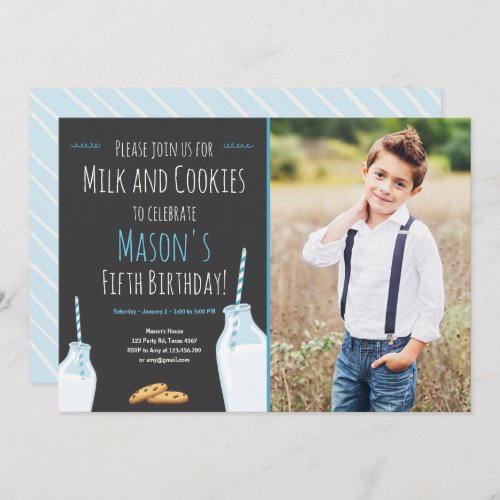 Milk and Cookies Blue Boy Birthday Party Invitation