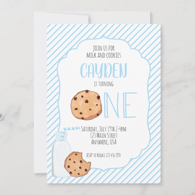 Milk and Cookies blue boy first Birthday Invitation (Front)