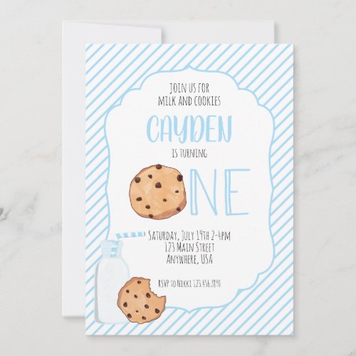 Milk and Cookies blue boy first Birthday Invitation