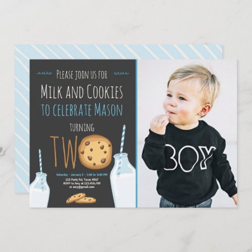 Milk and Cookies Boy Blue Second Birthday Invitation