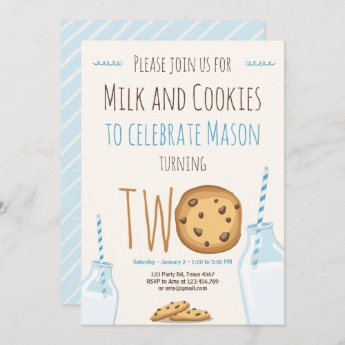 Milk and Cookies Boy Blue Second Birthday Invitation
