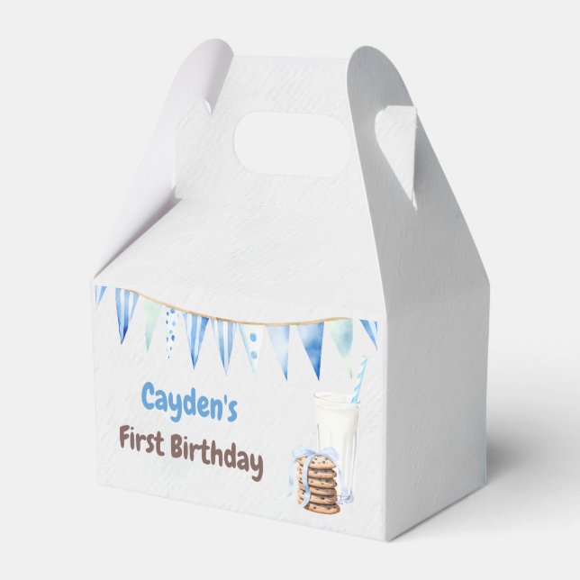 Milk and Cookies Boy First Birthday Party Favor Boxes (Front Side)