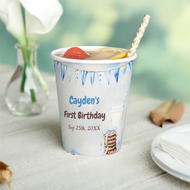 Milk and Cookies Boy First Birthday Party Paper Cups (Creator Uploaded)