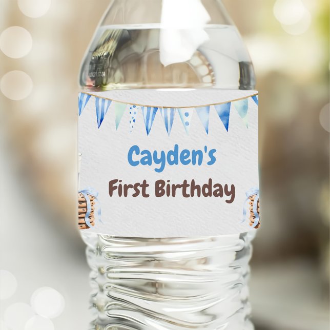 Milk and Cookies Boy First Birthday Party Water Bottle Label (Creator Uploaded)