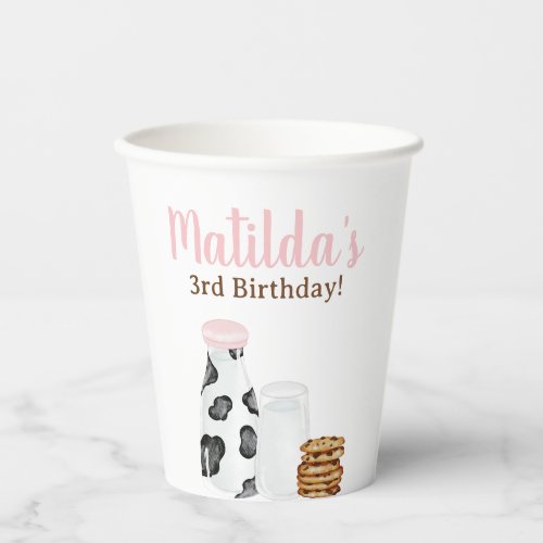Milk and Cookies cow print pink Birthday party Paper Cups
