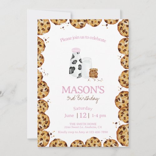Milk and Cookies crumb pink Birthday party Invitation