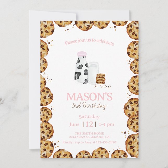 Milk and Cookies crumb pink Birthday party Invitation (Front)