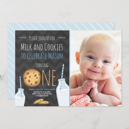 Milk and Cookies First Birthday Invitation Boy