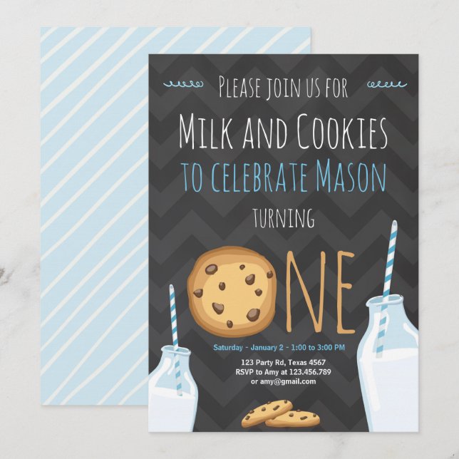 Milk and Cookies First Birthday Invitation Boy (Front/Back)