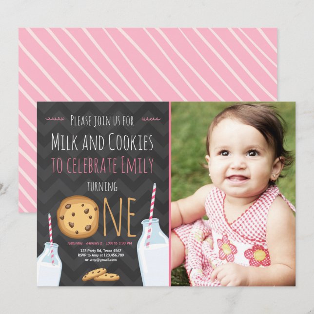 Milk and Cookies First Birthday Invitation Girl (Front/Back)