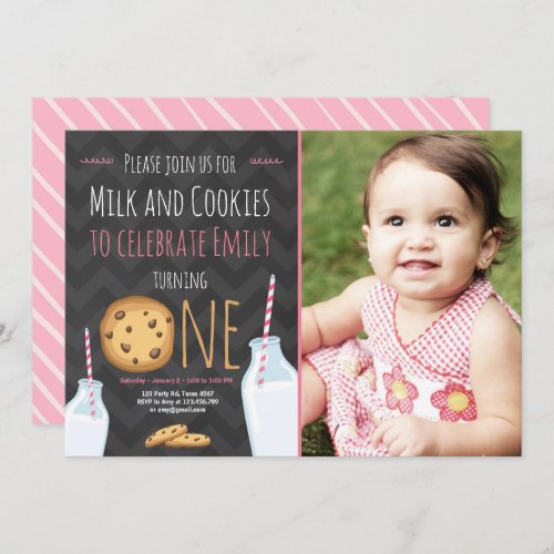 Milk and Cookies First Birthday Invitation Girl