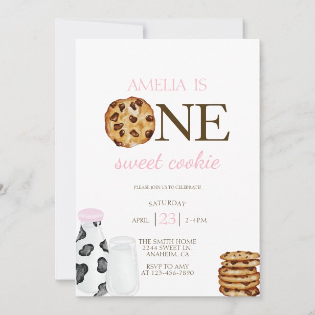 Milk and Cookies First Pink Birthday party  Invitation (Front)