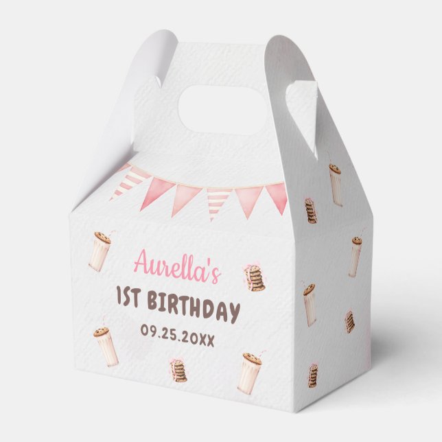 Milk and Cookies Girl First Birthday Party Favor Boxes (Front Side)