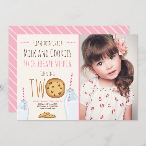 Milk and Cookies Girl Pink Second Birthday Invitation