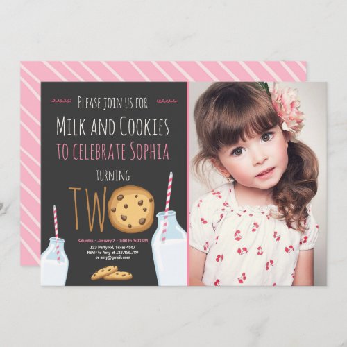 Milk and Cookies Girl Pink Second Birthday Invitation