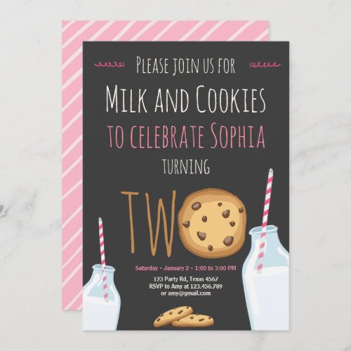 Milk and Cookies Girl Pink Second Birthday Invitation