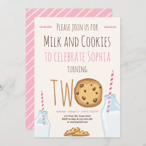 Milk and Cookies Girl Pink Second Birthday Invitation