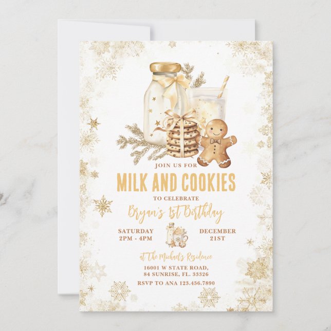 Milk and Cookies Gold Snowflake First Birthday Invitation (Front)