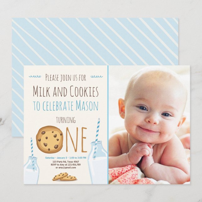 Milk and Cookies Party invitation Boy Birthday (Front/Back)