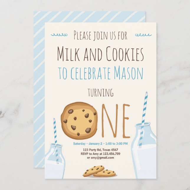 Milk and Cookies Party invitation Boy Birthday (Front/Back)