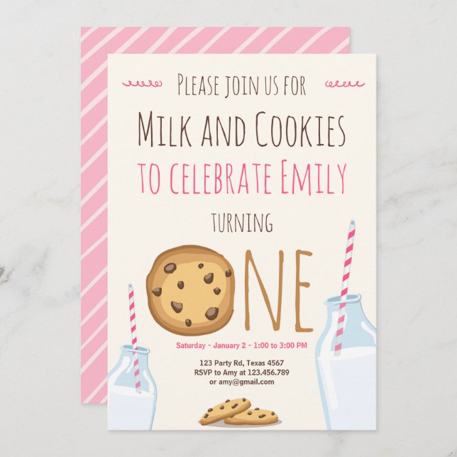 Milk and Cookies Party invitation Girl Birthday (Front/Back)