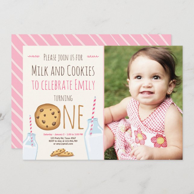 Milk and Cookies Party invitation Girl Birthday (Front/Back)