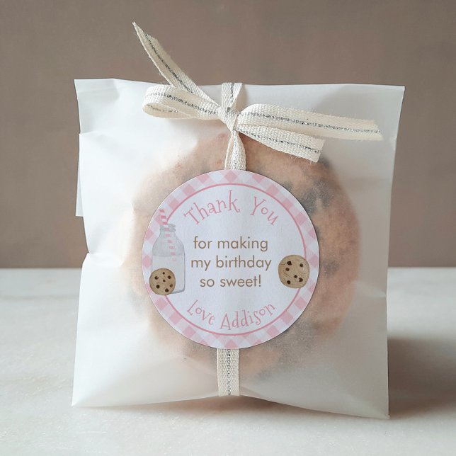 Milk And Cookies Party Pink Gingham Thank You Classic Round Sticker (Milk And Cookies With Pink Plaid Girl Birthday Party Thank You Favor Sticker)