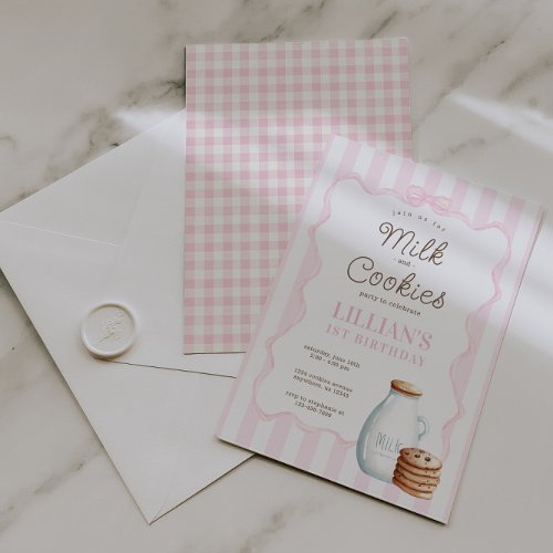Milk and Cookies Pink Birthday Party Invitation