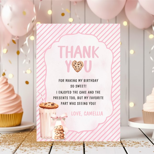 Milk and Cookies Pink Birthday Party Thank You Card (Creator Uploaded)