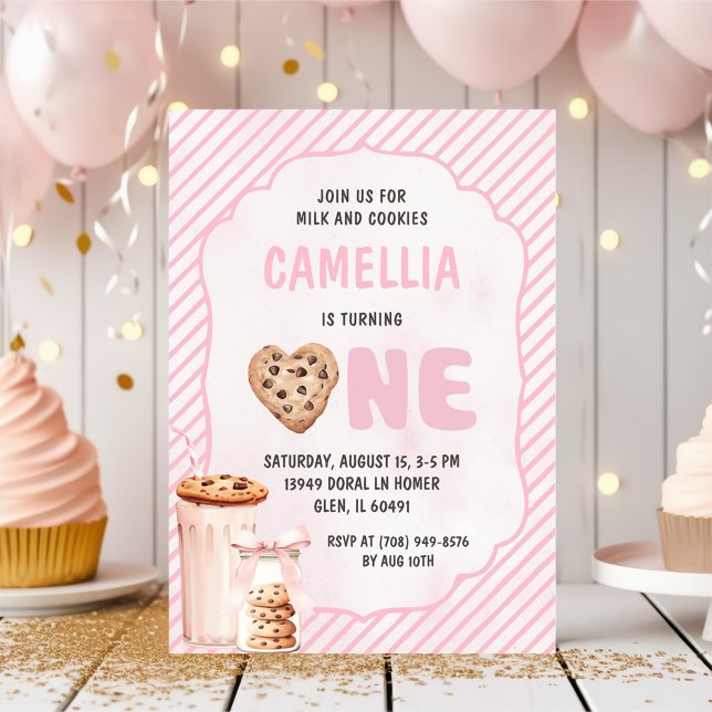 Milk and Cookies Pink First Birthday Party Invitation (Creator Uploaded)